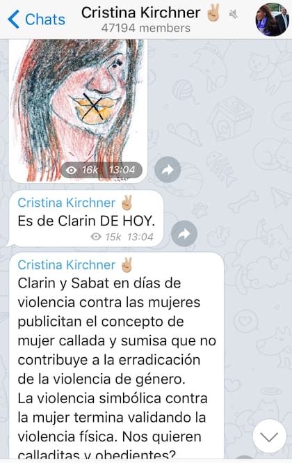 El mensaje de Cristina, en Telegram