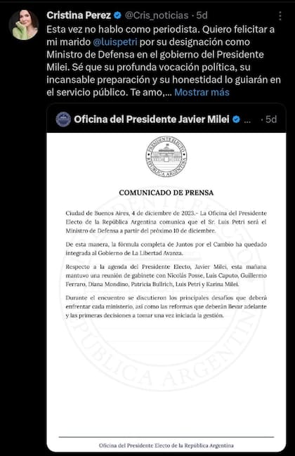 El mensaje de Cristina Pérez hacia Luis Petri por su designación como ministro de Defensa de la nación (Foto: capturaX/@Cris_noticias)