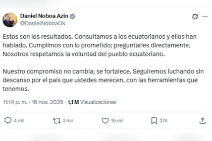 El mensaje de Daniel Noboa tras los resultados sobre el referéndum en Ecuador
