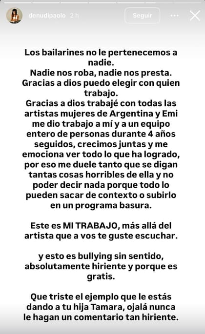 El mensaje de Denu Di Paolo, una de las bailarinas de Emilia Mernes (Foto: Instagram @denudipaolo)