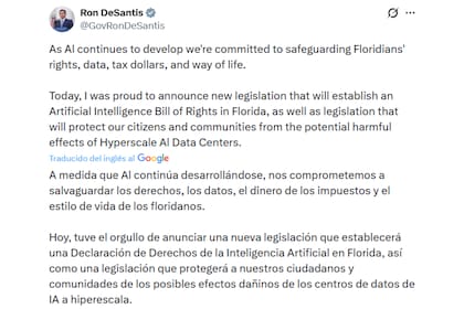 El mensaje de DeSantis cuando propuso la "declaración de derechos" sobre la IA en Florida