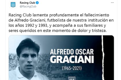 El mensaje de despedida a Alfredo Graciani en la cuenta oficial de Twitter de Racing