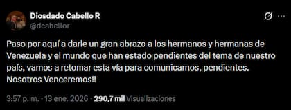 El mensaje de Diosdado Cabello en X. El funcionario se mantuvo activo en la red social con retuits pero sin publicar
