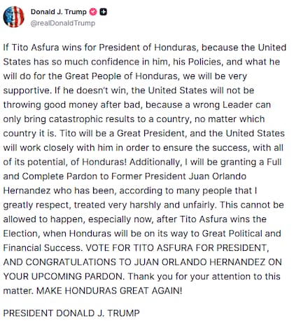 El mensaje de Donald Trump donde dice que indultará a Juan Orlando Hernández