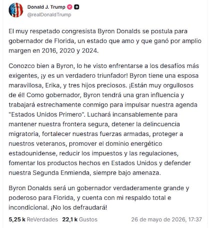 El mensaje de Donald Trump en apoyo a Byron Donalds