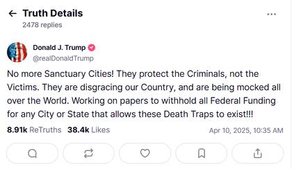 El mensaje de Donald Trump sobre el financiamiento federal de las ciudades santuario