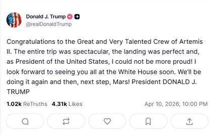 El mensaje de Donald Trump tras el amerizaje de la misión Artemis II