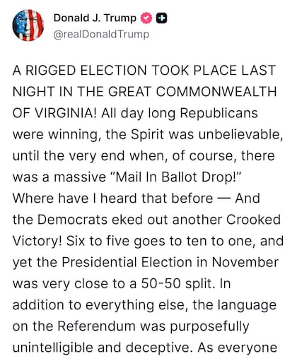 El mensaje de Donald Trump tras las votaciones en Virginia