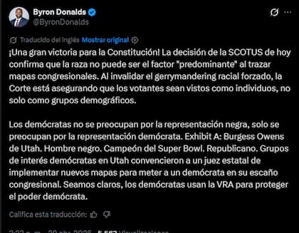 El mensaje de Donalds en redes sociales