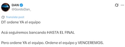 El mensaje de el "Gordo Dan" en redes sociales exigiendo cambios en el gobierno tras la derrota electoral (Fuente: @GordoDan_)