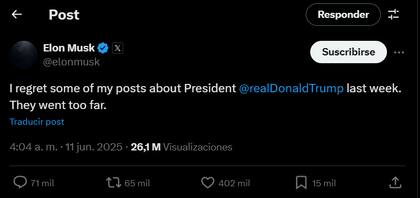 El mensaje de Elon Musk en el cual se lamenta de sus dichos contra Donald Trump