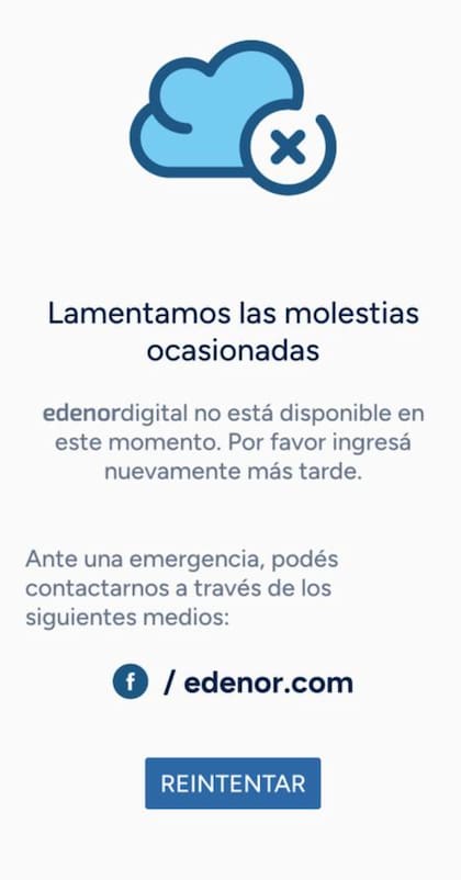 El mensaje de error que apareció en la página de Edenor en plena crisis