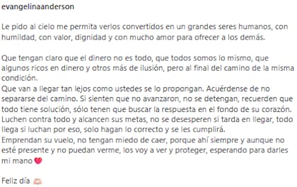 El mensaje de Evangelina Anderson para sus hijos luego de separarse de Demichelis (Instagram: @evangelinaanderson)