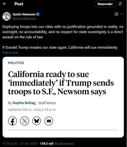 El mensaje de Gavin Newsom ante el posible envío de las tropas militares a San Francisco