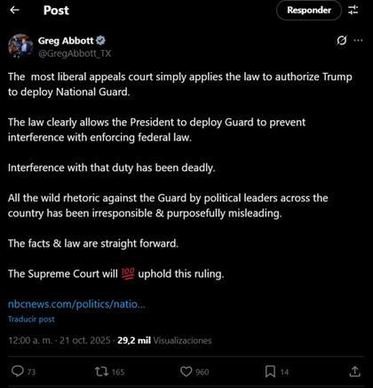 El mensaje de Greg Abbott en apoyo a Trump