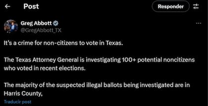 El mensaje de Greg Abbott en apoyo a las investigaciones del fiscal general de Texas sobre la participación de no ciudadanos en elecciones federales y estatales