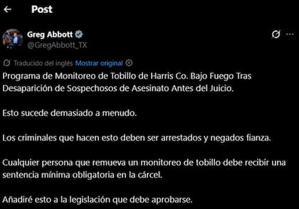 El mensaje de Greg Abbott sobre el sistema de tobilleras electrónicas tras la fuga en el condado de Harris