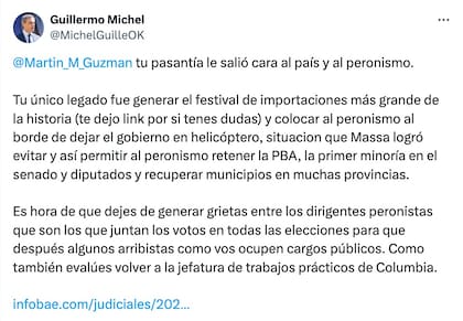 El mensaje de Guillermo Michel en respuesta a Martín Guzmán