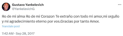 El mensaje de Gustavo Yankelevich en X en 2017, siete años después de la muerte de Romina Yan (X: @YankelevichG)