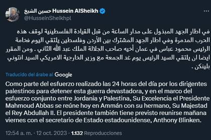 El mensaje de Hussein Al-Sheikh en X