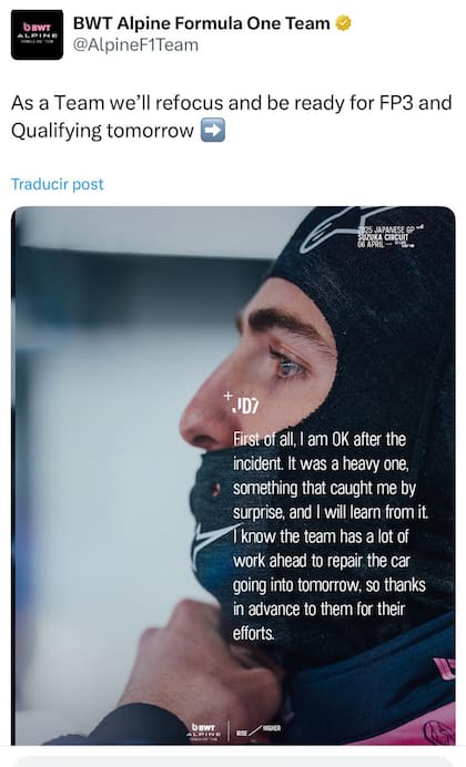 El mensaje de Jack Doohan a través de la cuenta oficial de Alpine