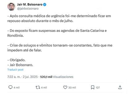 El mensaje de Jair Bolsonaro sobre su salud (Foto: Captura X/@jairbolsonaro