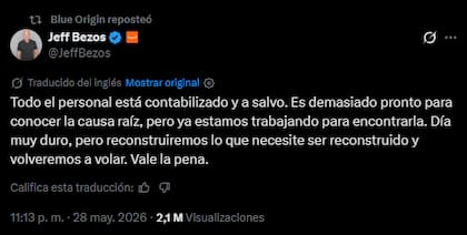 El mensaje de Jeff Bezos tras las explosión del cohete New Glenn