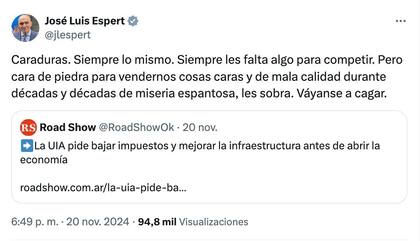 El mensaje de José Luis Espert en X