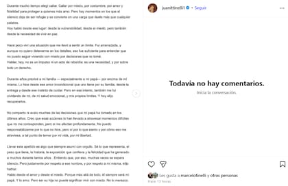 El mensaje de Juanita contando la situación en su cuenta de Instagram
