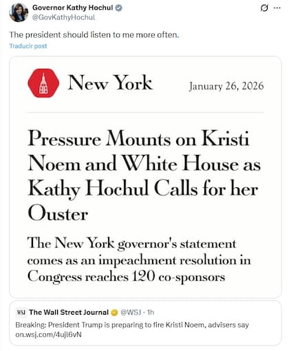 El mensaje de Kathy Hochul a Donald Trump tras la destitucin de Kristi Noem