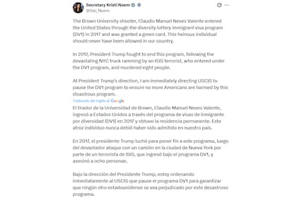 El mensaje de Kristi Noem sobre la suspensión del programa DV, conocido como lotería de green cards