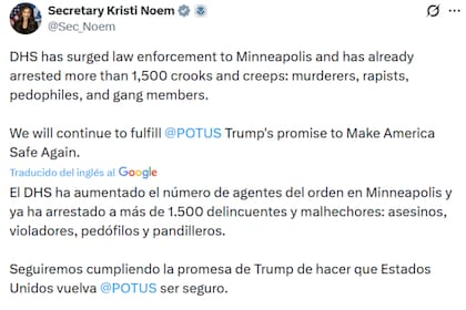 El mensaje de Kristi Noem tras la primera jornada del operativo del ICE en Minnesota