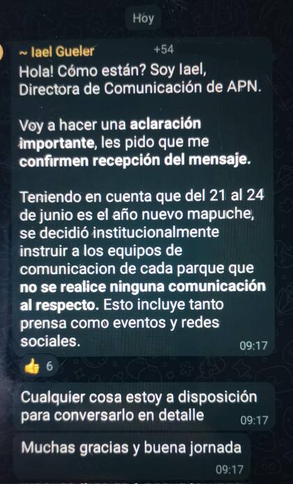 El mensaje de la directora de Comunicaciones y Relaciones Institucionales de la Administración de Parques Nacionales (APN), Iael Gueler, que generó polémica