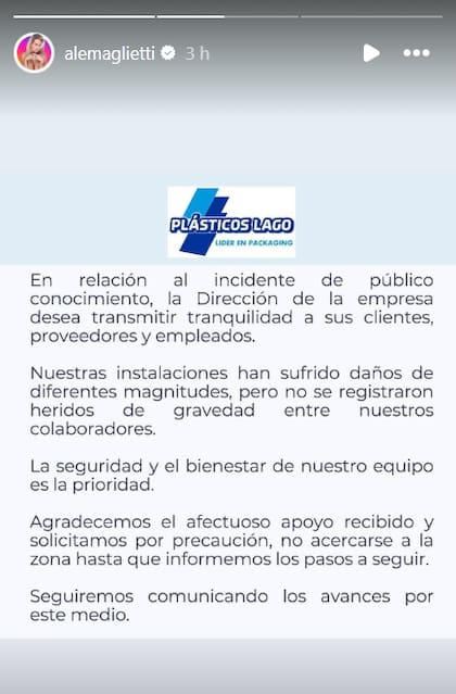 El mensaje de la empresa que compartió Alejandra