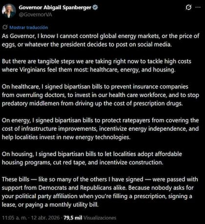 El mensaje de la gobernadora de Virginia sobre su plan para reducir costos en salud, vivienda y energía
