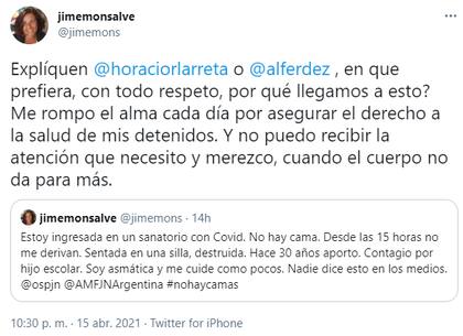 El mensaje de la jueza María Jimena Monsalve en Twitter