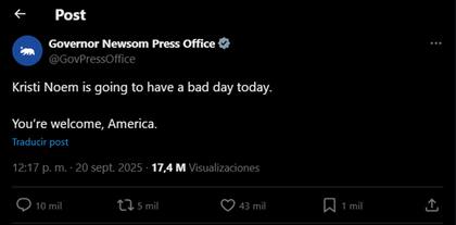 El mensaje de la oficina de prensa de Newsom que causó preocupación en el círculo íntimo de Kristi Noem