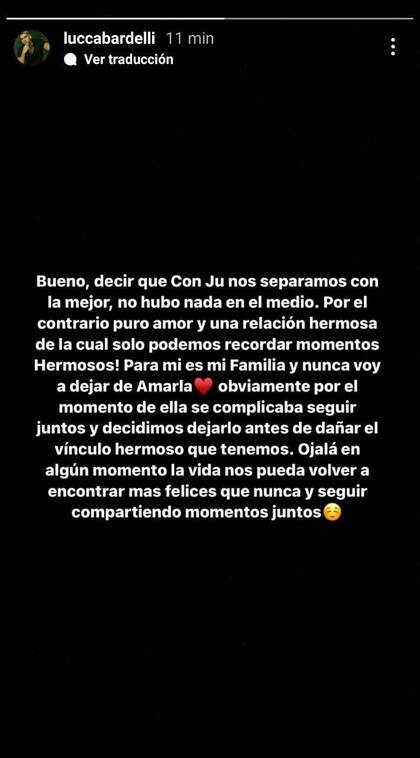 El mensaje de Lucca Bardelli tras su separación de Julieta Poggio