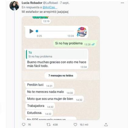 El mensaje de Lucía Robador donde muestra el chat que tuvo con su estafador