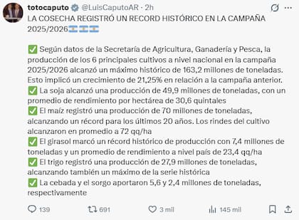 El mensaje de Luis Caputo por la cosecha récord