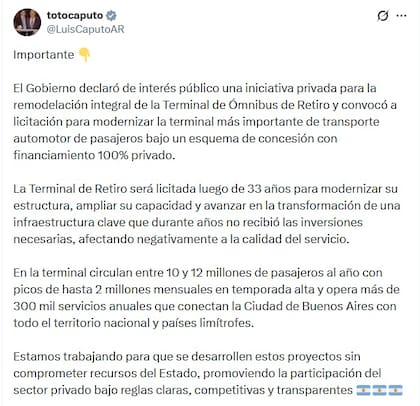 El mensaje de Luis Caputo sobre la modernización de la terminal de Retiro