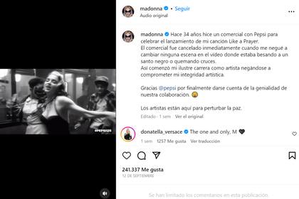El mensaje de Madonna junto al video del comercial