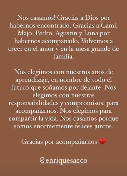 El mensaje de María Eugenia Vidal en redes sociales, compartido por la cuenta de Instagram de Enrique Sacco, tras la celebración