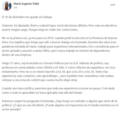 María Eugenia Vidal hace que busca empleo con un posteo en Linkedin: "Me quedo sin trabajo"