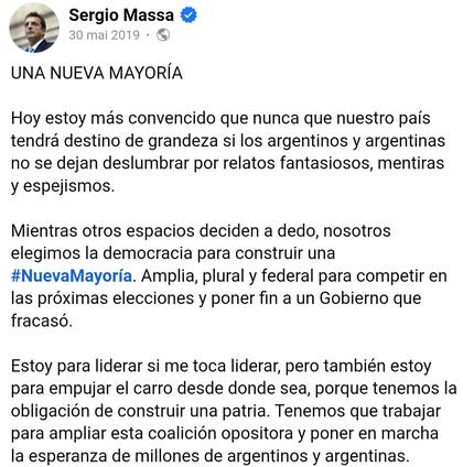 El mensaje de Massa en Facebook, días antes de oficializar su incorporación al Frente de Todos