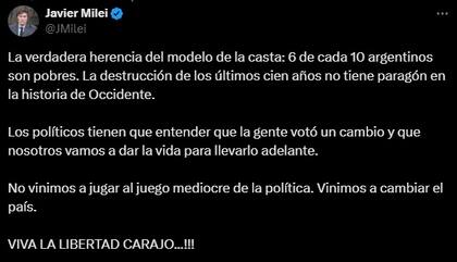 El mensaje de Milei en X