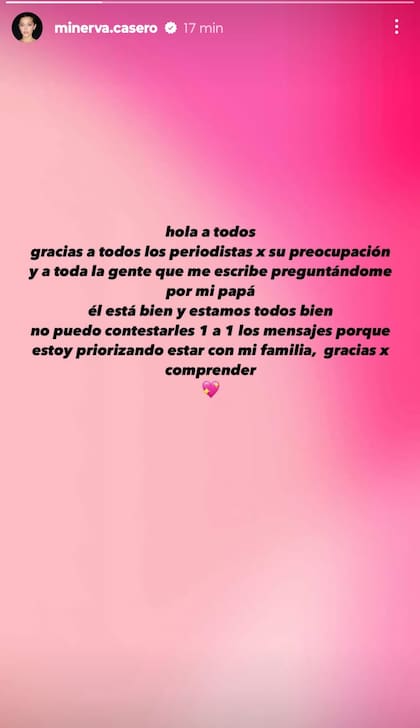 El mensaje de Minerva Casero sobre la salud de su padre Alfredo