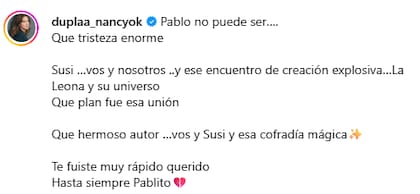 El mensaje de Nancy Dupláa tras el fallecimiento de Pablo Lago (Instagram: duplaa_nancyok)