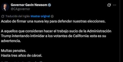 El mensaje de Newsom publicado en sus redes sociales