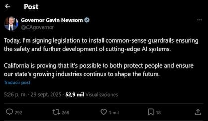 El mensaje de Newsom sobre la ley que busca regularizar los estándares de la IA en el estado
